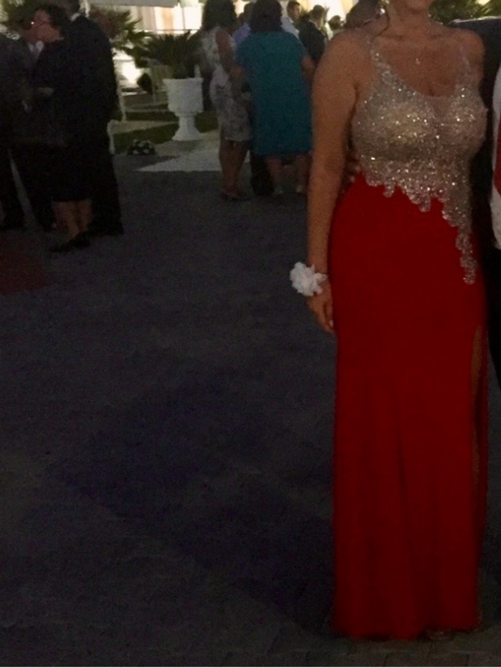 Elegant Red Jersey Evening Gown with Embellishment size Medium